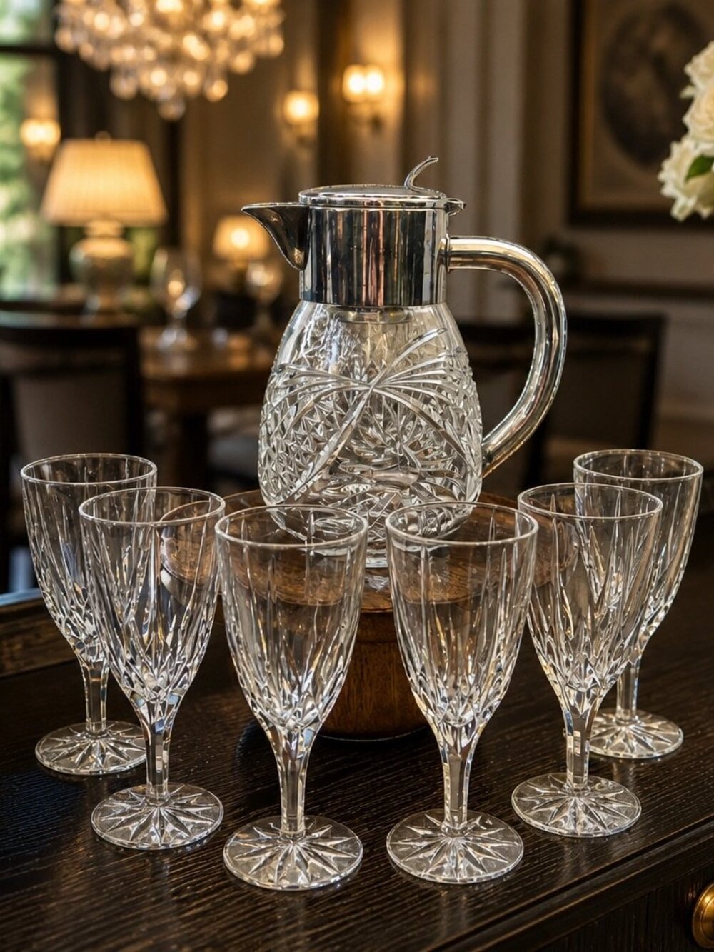 Vintage Crystal Glass Pitcher With Silver-Plated Lid & Handle Floral Etched Desi